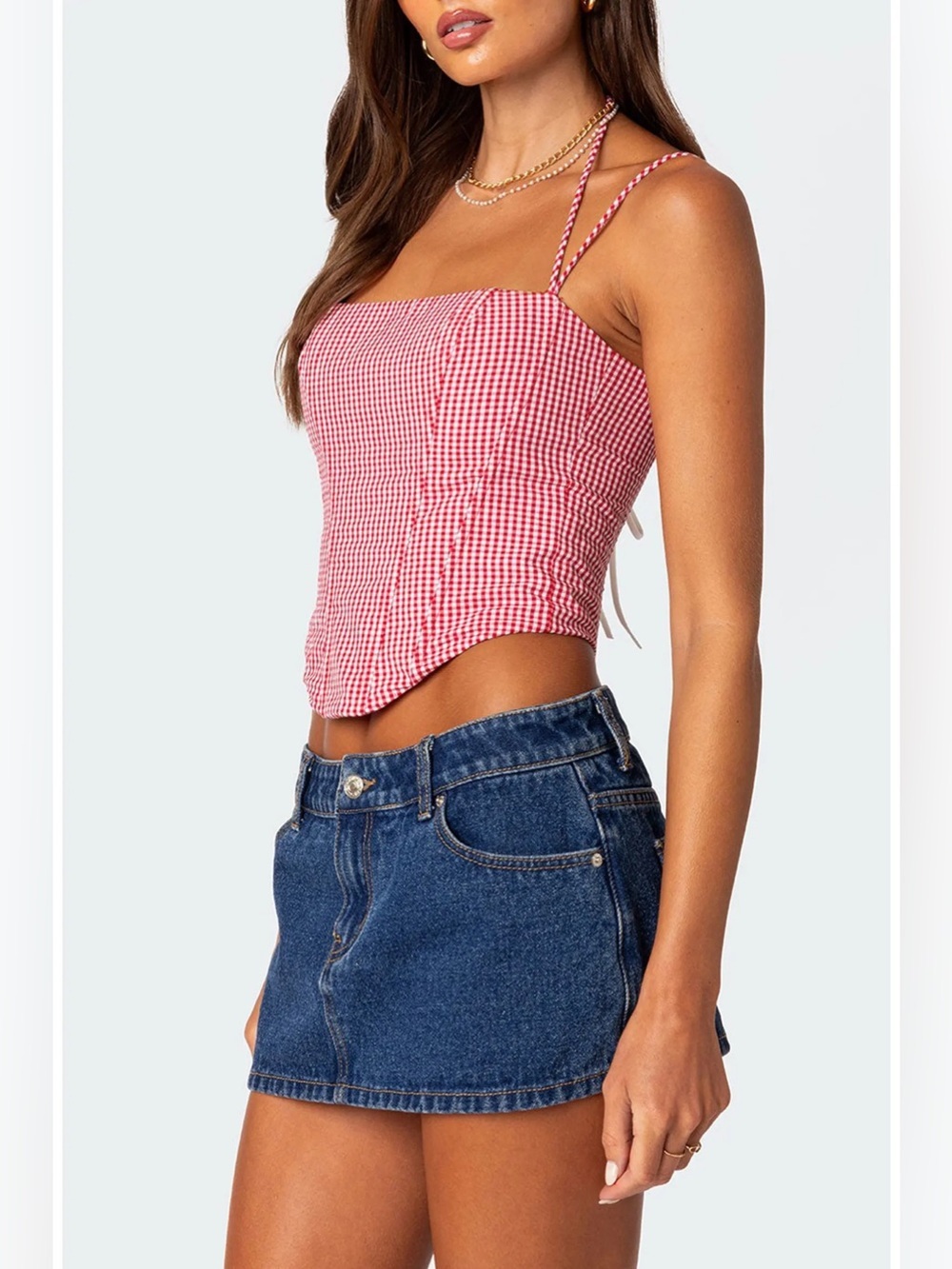 Edikted Pippa Gingham Lace-Up Back Corset Top - Picture 3 of 9